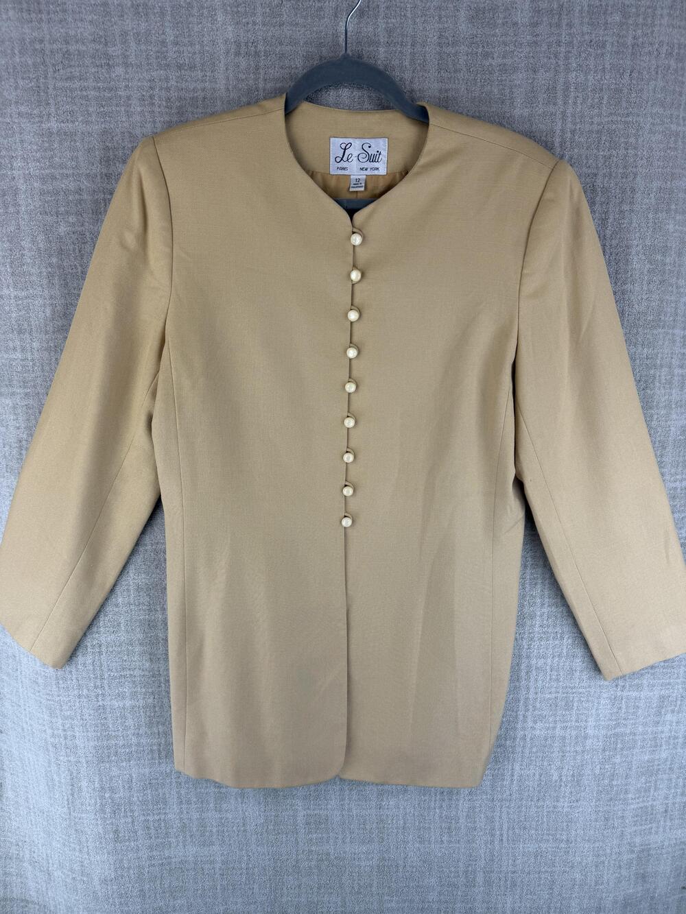 Le Suit Jacket Womens 12 Beige Mid-Length Collarless Lined Single-Breasted